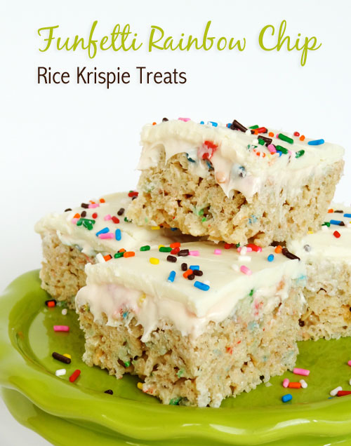 Funfetti Cake Batter Rice Krispie Treats with Rainbow Chip Icing